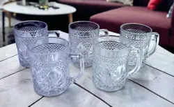 CRISTAL D'ARQUES LUMINARC USA CLEAR ANTIQUE PRESSED GLASS COFFEE MUGS - SET OF 5