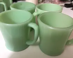 FIRE KING JADEITE MUGS SET OF 4 D HANDLE ANCHOR HOCKING COFFEE TEA VINTAGE READ