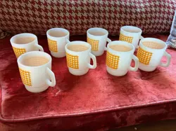 8 ANCHOR HOCKING FIRE KING VTG MILK GLASS CHECKERED STACKABLE COFFEE TEA MUGS