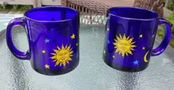 VTG LIBBEY CELESTIAL COBALT BLUE GLASS MUGS 12 OZ SUN MOON STARS FRIENDS 2X