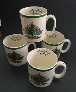 VINTAGE SPODE CHRISTMAS TREE MUG MADE IN ENGLAND, SET OF 4