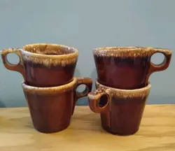 SET OF 4 VINTAGE HULL POTTERY BROWN DRIP GLAZE OVEN PROOF USA COFFEE CUPS MUGS