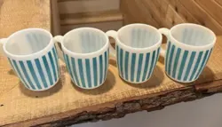 VINTAGE HAZEL ATLAS MILK GLASS TURQUOISE CANDY STRIPE CUP MUG SET OF 4 RARE!