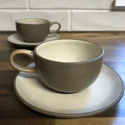 VINTAGE EARLY EDITH HEATH CERAMICS ART POTTERY COFFEE MUG SET OF 2 WITH SAUCERS