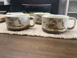 SET OF FOUR VINTAGE STONEWARE OWL SOUP MUGS. 4 1/2 INCHES WIDE