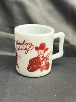 VTG HAZEL ATLAS RED HOPALONG CASSIDY CHILDS WHITE MILK GLASS MUG CUP 6 OZ