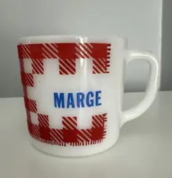 VINTAGE FEDERAL HEAT PROOF MILK GLASS MARGE NAME COFFEE MUG CUP 3” GINGHAM