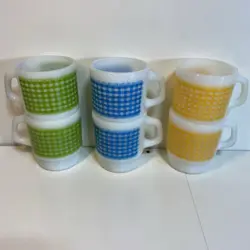 6 ANCHOR HOCKING FIRE KING VTG MILK GLASS CHECKERED STACKABLE COFFEE TEA MUGS