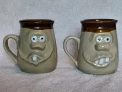 2 VINTAGE UGLY FUNNY 3D FACE MUG STONEWARE POTTERY