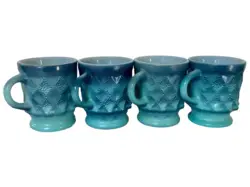 4 VTG BLUE FIRE KING ANCHOR HOCKING COFFEE CUPS MUGS KIMBERLY DIAMOND PATTERN