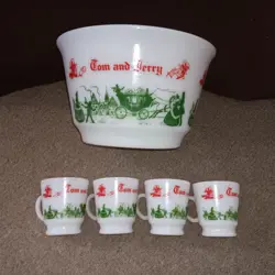 HTF VTG HAZEL ATLAS TOM & JERRY SET SKIING SKIERS  4 CUPS/MUGS PUNCH BOWL EGGNOG