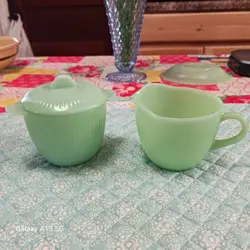 FIRE KING JADEITE JANE RAY SUGAR BOWL W/LID AND CREAMER VINTAGE