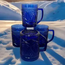 LUMINARC CUPS MUGS COBALT BLUE  BY CRISTAL D'ARQUES DURAND FRANCE SET OF 4