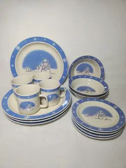 VINTAGE STONEWARE SNOWMAN 16-PIECE DINNERWARE DISHES SET CHRISTMAS HOLIDAY