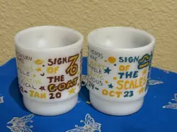 VINTAGE ANCHOR HOCKING FIRE KING ZODIAC MILK GLASS CAPRICORN COFFEE MUG LOT 2
