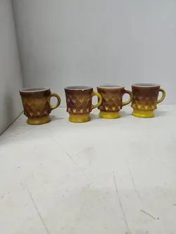 4 VINTAGE FIRE KING KIMBERLY DIAMOND COFFEE MUG FIRE KING YELLOW & BROWN