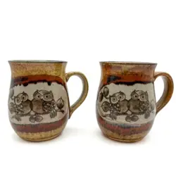 SET OF 2 VTG OTAGIRI DRIP GLAZED SPECKLED OWLS MUG COFFEE TEA STONEWARE POTTERY