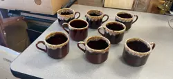 VINTAGE POTTERY BROWN DRIP GLAZE COFFEE MUGS CUPS ~ SET OF 8 ~