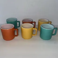 VTG HAZEL ATLAS MILK GLASS 6 CUPS/ MUGS YELLOW, TEAL, CORAL