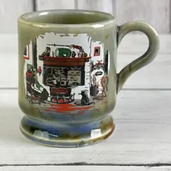 VTG WADE IRISH PORCELAIN MUG WOMAN KNITTING BY A FIREPLACE WITH CAT MINIATURE 2”