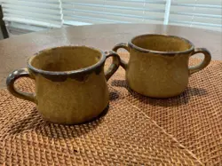2 VINTAGE MCCOY POTTERY CANYON MESA DRIP MATTE SOUP BOWL CUP MUG DOUBLE HANDLE