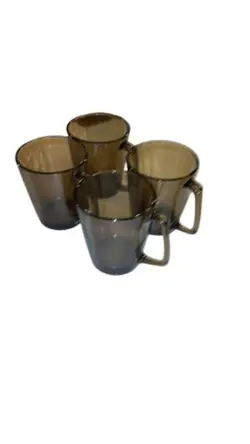 4 VINTAGE PYREX 1400 SMOKED AMBER FIRESIDE GLASS COFFEE MUGS CORNING NEW YORK