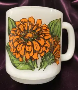 VINTAGE GLASBAKE ORANGE ZINNIA MILK GLASS COFFEE MUG THE LANGUAGE OF FLOWERS