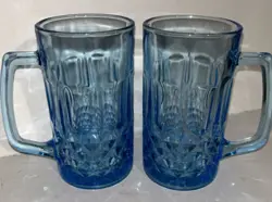 2 VINTAGE KIG INDONESIA LASER LIGHT ICE BLUE GLASS BEER MUG DIAMOND PATTERN