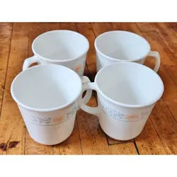 SET OF 4 VTG CORELLE CORNING APRICOT GROVE COFFEE MUGS CUPS PEACH & BLUE FLOWERS