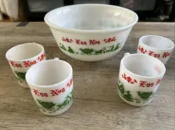 HAZEL ATLAS VTG 1950S MILK GLASS CHRISTMAS EGG NOG PUNCH BOWL SET WITH 4 MUGS