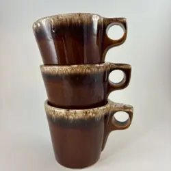 LOT OF 3 VINTAGE HULL USA OVENPROOF BROWN DRIP GLAZE POTTERY MUGS D RING HANDLE