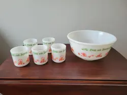 VINTAGE TOM & JERRY GLASS CHRISTMAS EGG NOG PUNCH BOWL SET, 5 MUGS HAZEL-ATLAS