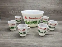 VTG 1950S HAZEL ATLAS GLASS CHRISTMAS TOM & JERRY EGGNOG SET BOWL & 6 CUPS/MUGS