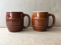 VINTAGE HALL BROWN BARREL MUGS (X2), HEAVYWEIGHT, MADE IN USA, 3 7/8