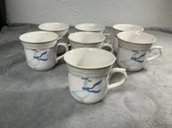 NEWCOR SET OF 7 COUNTRYSIDE COFFEE MUG CUP GEESE DUCK STONEWARE VINTAGE 1987 BOW
