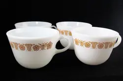 VINTAGE PYREX COFFEE CUPS MUGS BUTTERFLY GOLD (LOT OF 4) U.S.A.