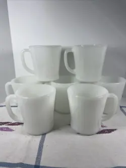 VINTAGE FIRE KING MILK GLASS COFFEE CUPS D HANDLE MUGS WHITE LOT OF 7