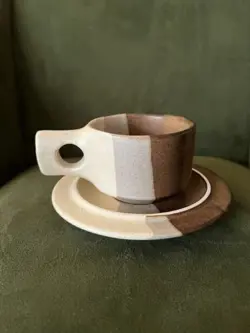 FABRIK FLAT CUP MUG & SAUCER AGATE PASS VINTAGE STONEWARE POTTERY JIM MCBRIDE