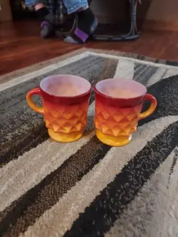 FIRE KING ANCHOR HOCKING COFFEE MUG CUP KIMBERLY DIAMOND ORANGE SET OF 2 VINTAGE