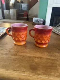 FIRE KING ANCHOR HOCKING COFFEE MUG CUP KIMBERLY DIAMOND ORANGE SET OF 2 VINTAGE