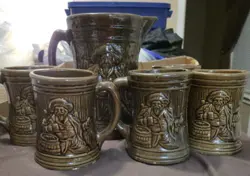 VINTAGE BROWN MCCOY PIRATE BUCCANEER PITCHER & 5 MUGS