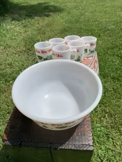 VINTAGE ANCHOR HOCKING GLASS  EGG NOG SET PUNCH BOWL AND MUGS 1950S