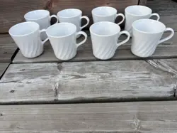 SET OF  8 VINTAGE CORELLE ENHANCEMENTS CORNING WHITE SWIRL MUG COFFEE TEA CUPS