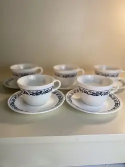 PYREX CORELLE OLD TOWN BLUE ONION MUGS SAUCERS SET 5 USA VINTAGE TEA COFFEE CUPS