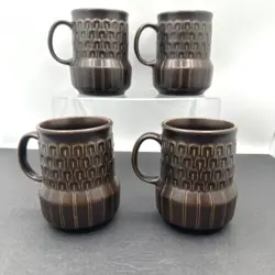 VTG WEDGWOOD PENNINE MUGS COFFEE SET OF 4 BROWN STONEWARE MADE IN ENGLAND 60'S