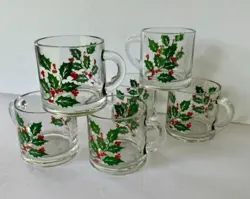 VINTAGE SET OF 6 HOLLY BERRY INDIANA GLASS CHRISTMAS COFFEE TEA EGGNOG MUGS CUPS