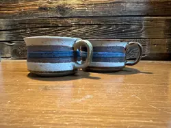 2 VINTAGE OTAGIRI HORIZON SPECKLED  STONEWARE POTTERY SOUP MUGS BROWN & BLUE