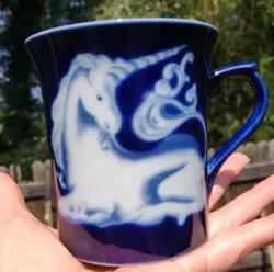 TAKAHASHI SAN FRANCISCO COBALT BLUE & WHITE UNICORN COFFEE MUG JAPAN VINTAGE