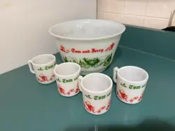 VTG 1950S HAZEL ATLAS GLASS CHRISTMAS TOM & JERRY EGGNOG SET BOWL & 4 CUPS/MUGS