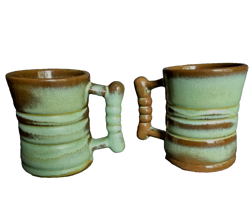 SET OF 2 VINTAGE FRANKOMA POTTERY C3 GREEN & BROWN BARREL COFFEE MUGS